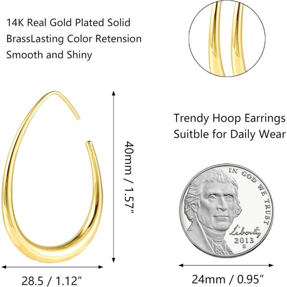 14K Gold Plated Lightweight Statement Large Oval Hoop Trendy Earrings for Women - Picture 3 of 6